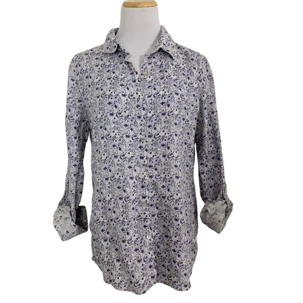 Cynthia Rowley 100% Linen Floral Button Up Blouse Womens M Roll Tab Sleeve